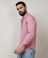 Men's Salmon Pink Self-Design Striped Shirt