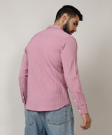 Men's Salmon Pink Self-Design Striped Shirt