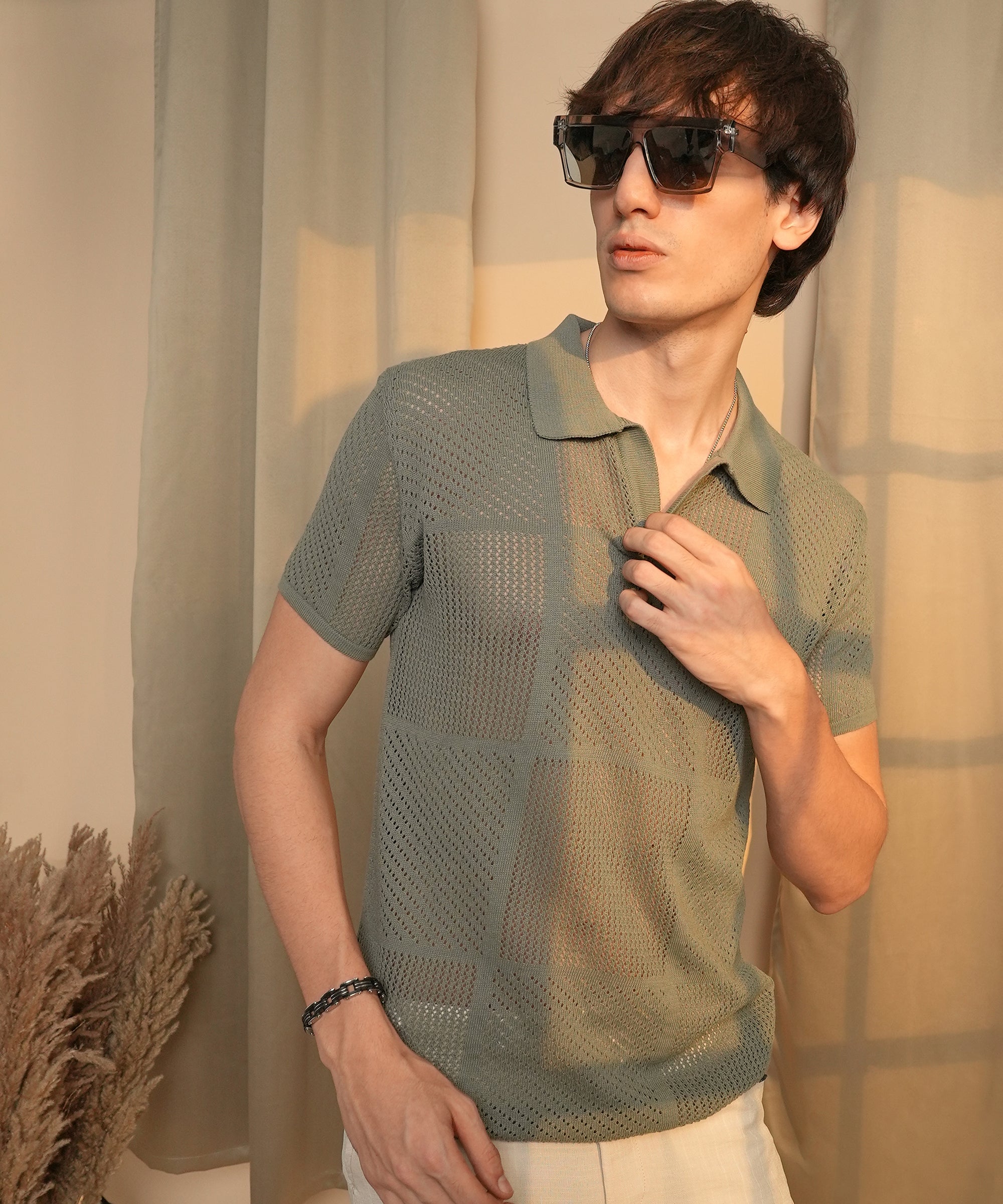 Men's Olive Green Graph-Textured Polo Tshirt