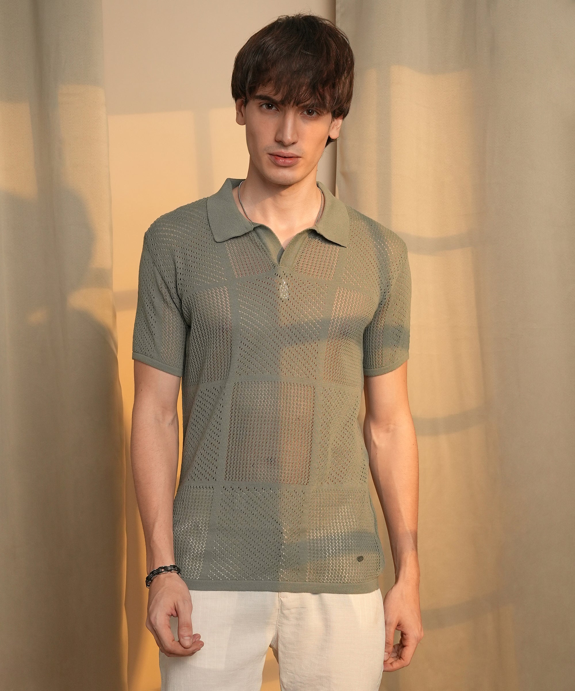 Men's Olive Green Graph-Textured Polo Tshirt