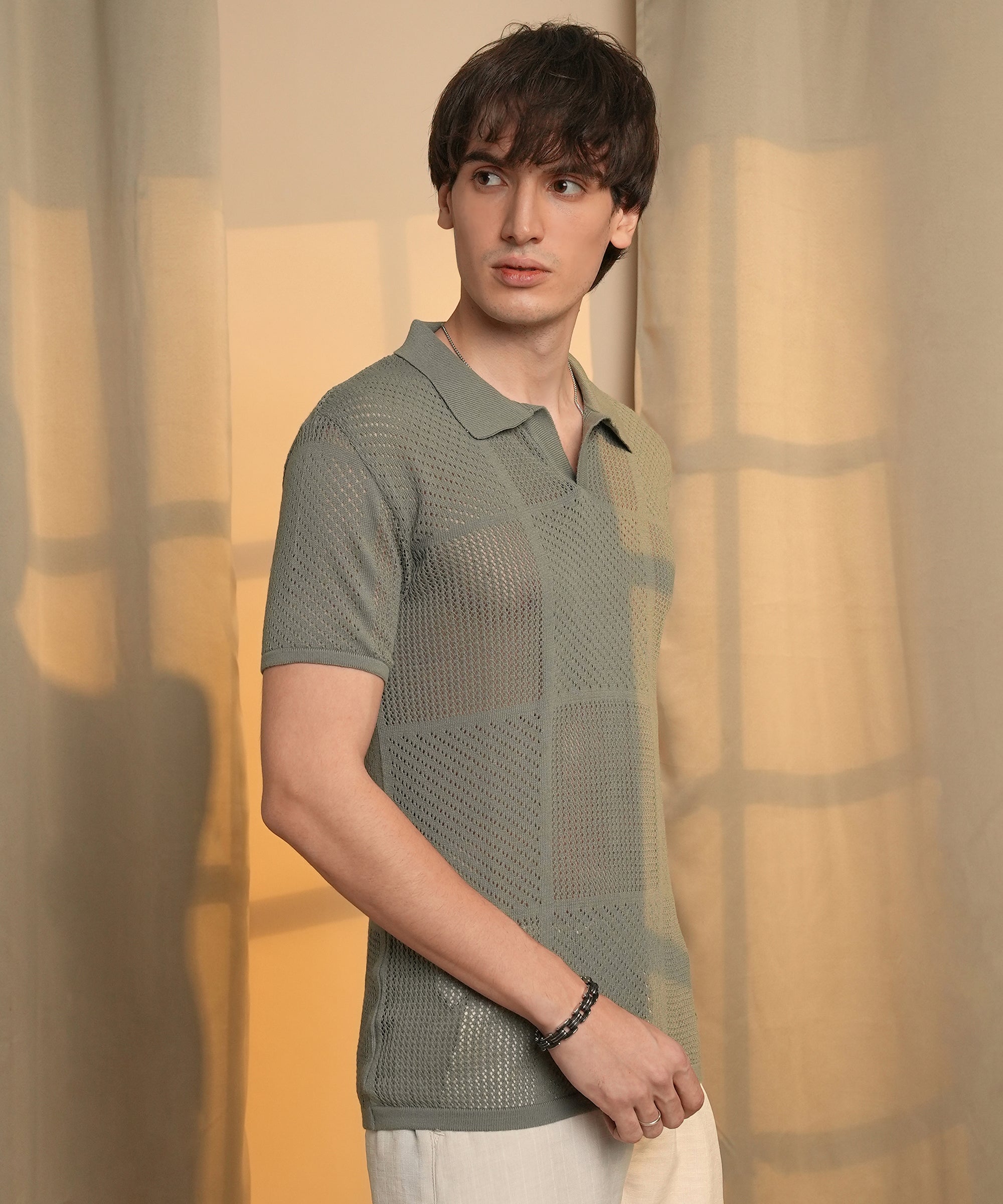 Men's Olive Green Graph-Textured Polo Tshirt