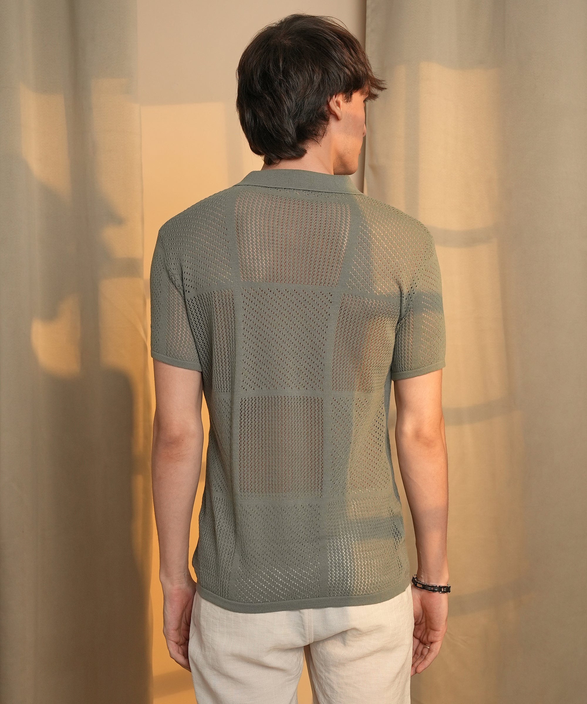 Men's Olive Green Graph-Textured Polo Tshirt