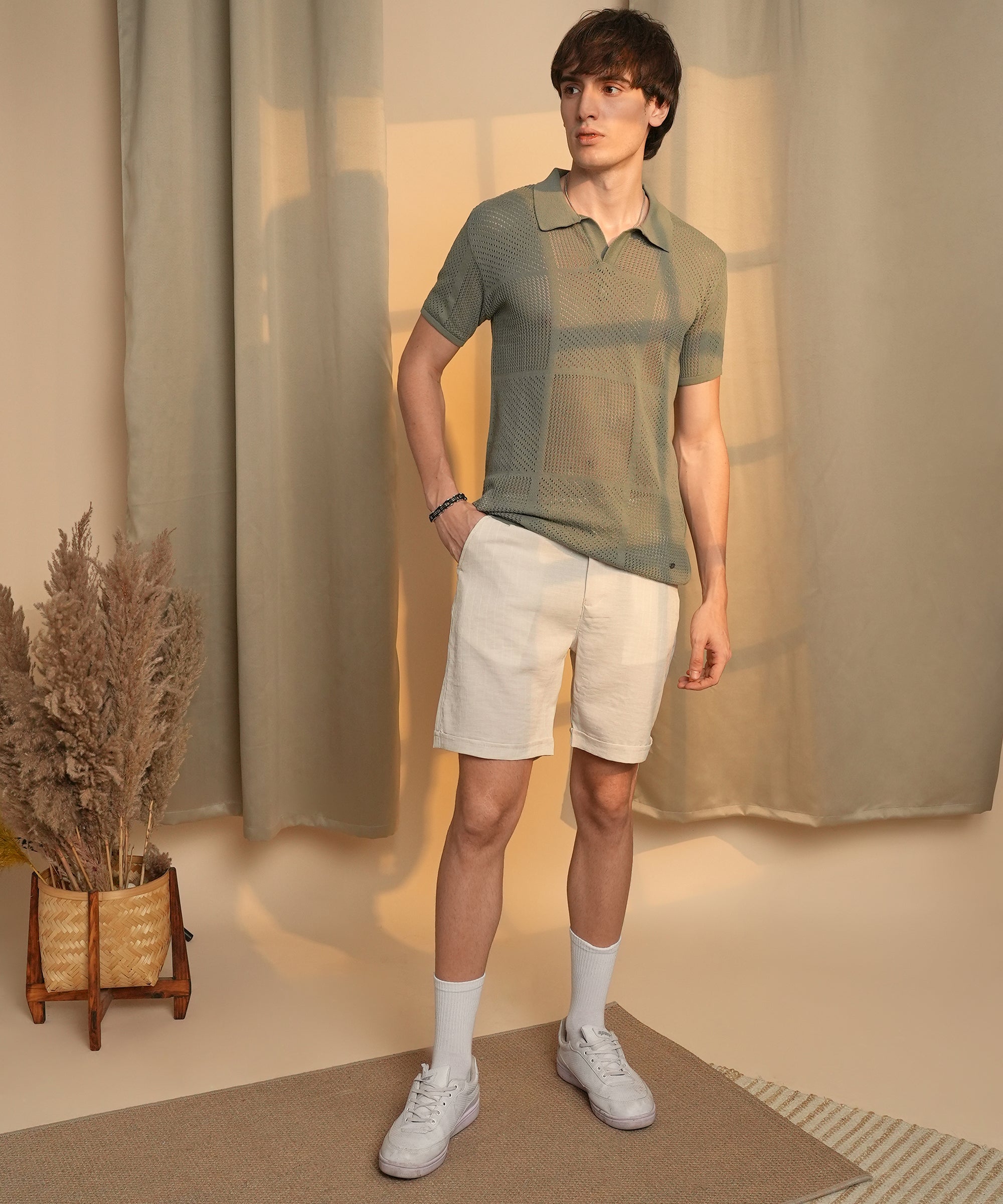 Men's Olive Green Graph-Textured Polo Tshirt