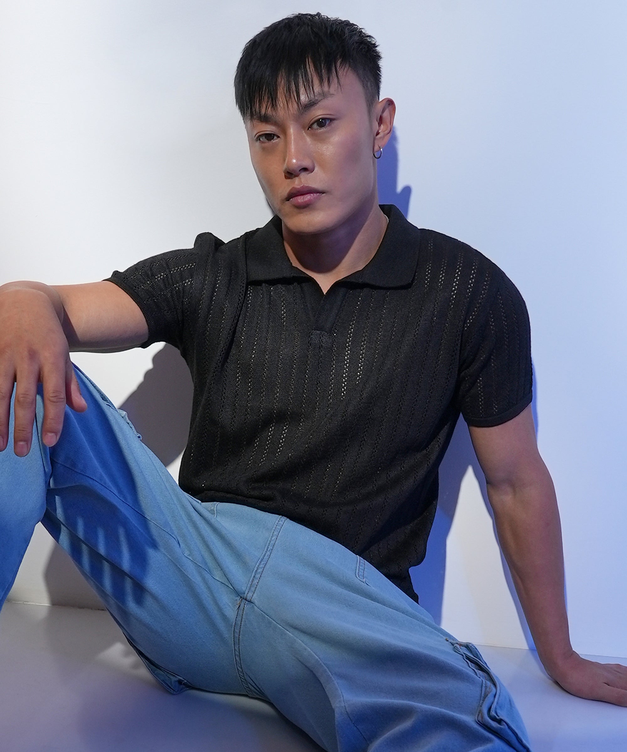 Men's Midnight Black Stripe-Textured Polo Tshirt