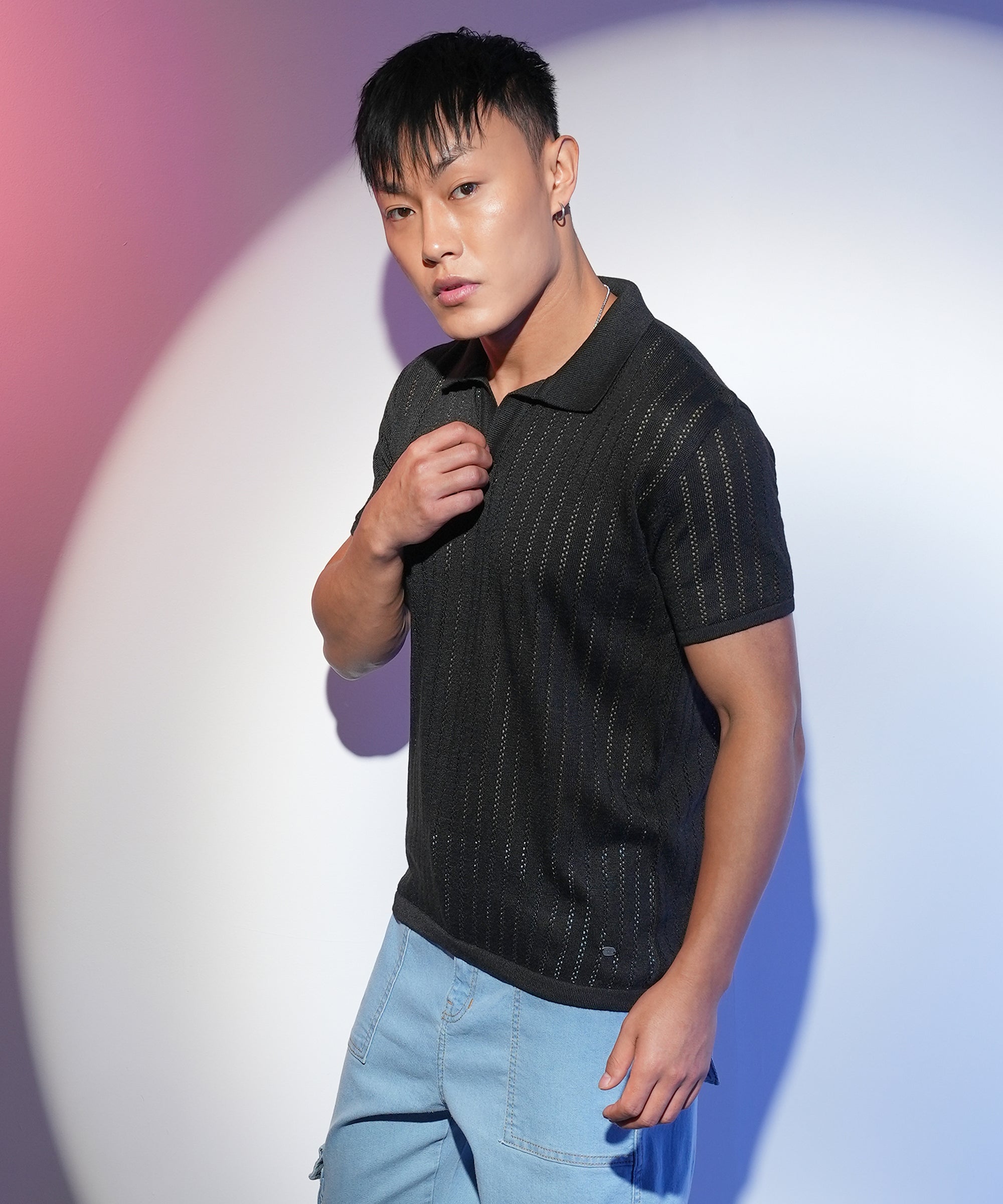 Men's Midnight Black Stripe-Textured Polo Tshirt