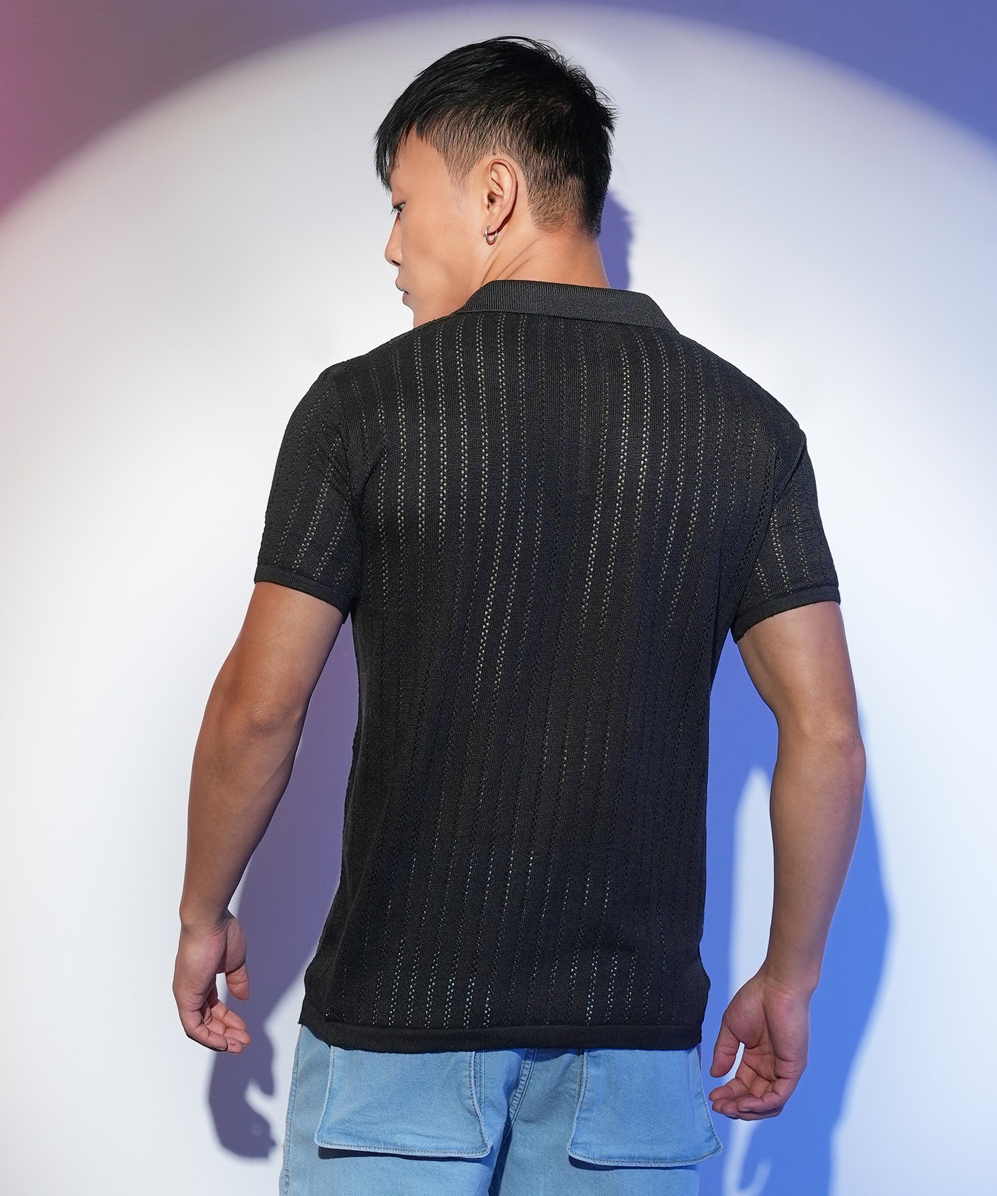 Men's Midnight Black Stripe-Textured Polo Tshirt