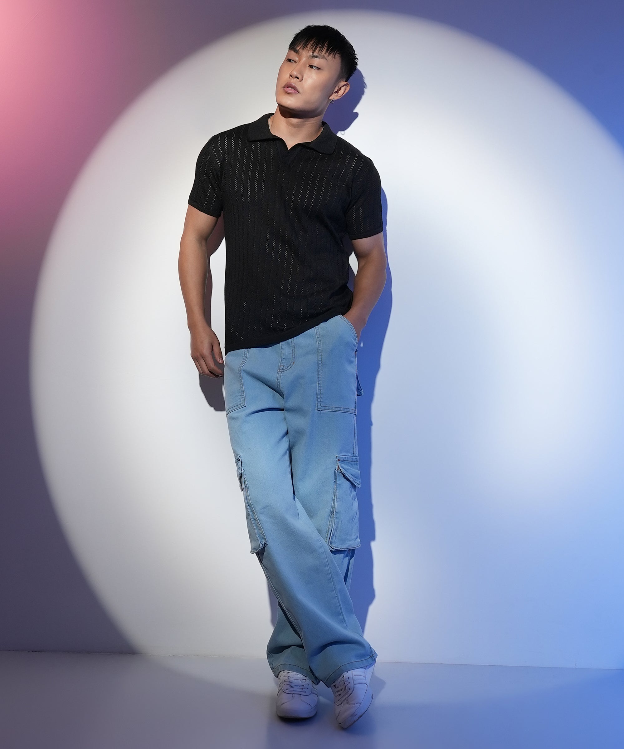 Men's Midnight Black Stripe-Textured Polo Tshirt