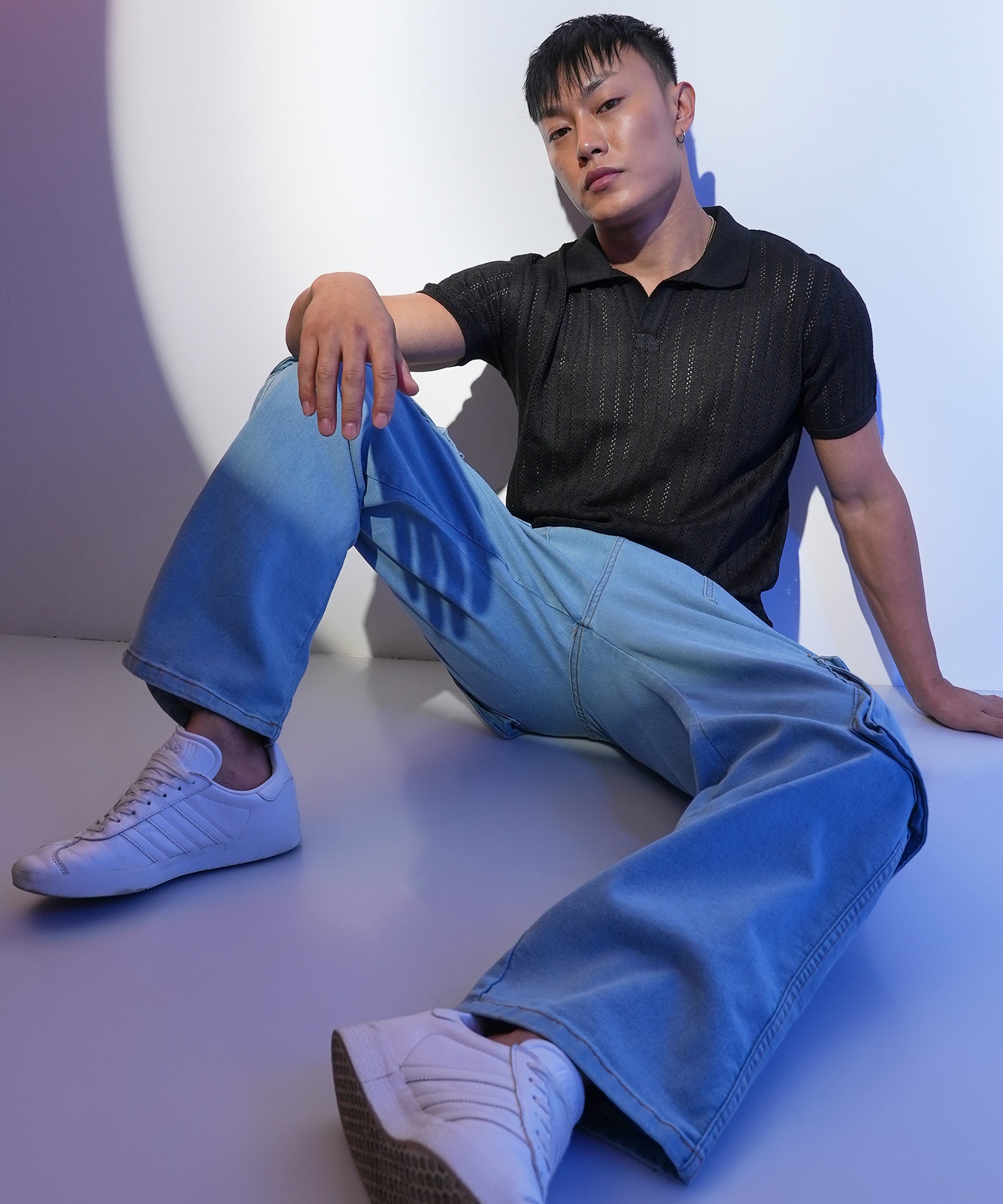 Men's Midnight Black Stripe-Textured Polo Tshirt