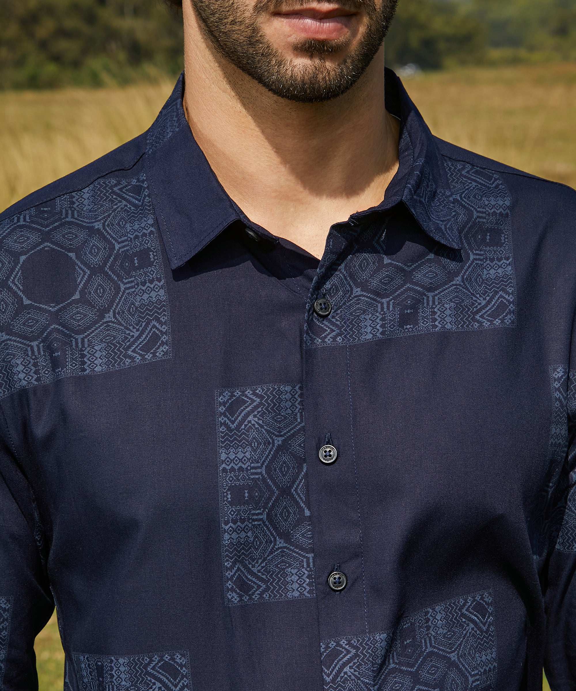 Men's Navy Blue Casual Celtic-Block Full Sleeve Shirt