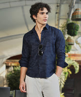 Men's Navy Blue Casual Full Sleeve Shadowed Foliage Shirt