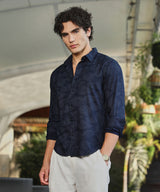 Men's Navy Blue Casual Full Sleeve Shadowed Foliage Shirt