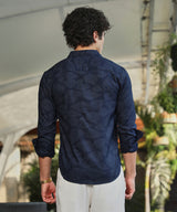 Men's Navy Blue Casual Full Sleeve Shadowed Foliage Shirt