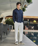 Men's Navy Blue Casual Full Sleeve Shadowed Foliage Shirt
