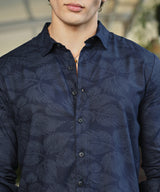 Men's Navy Blue Casual Full Sleeve Shadowed Foliage Shirt