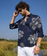 Men's Navy Blue Casual Maxi Flora Full Sleeve Shirt