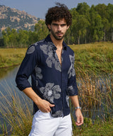 Men's Navy Blue Casual Maxi Flora Full Sleeve Shirt