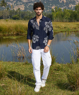 Men's Navy Blue Casual Maxi Flora Full Sleeve Shirt