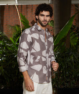 Men's Ash Brown Casual Abstract Heathered Full Sleeve Shirt