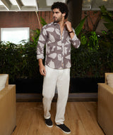 Men's Ash Brown Casual Abstract Heathered Full Sleeve Shirt