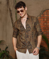 Men's Peanut Brown Casual Aztec-Imprint Full Sleeve Shirt