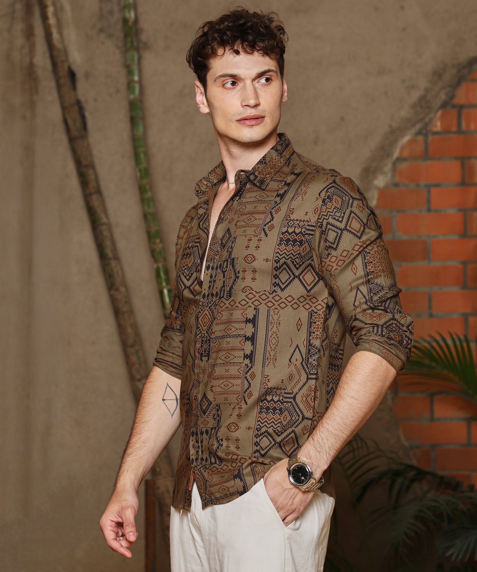 Men's Peanut Brown Casual Aztec-Imprint Full Sleeve Shirt