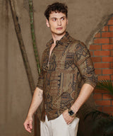 Men's Peanut Brown Casual Aztec-Imprint Full Sleeve Shirt