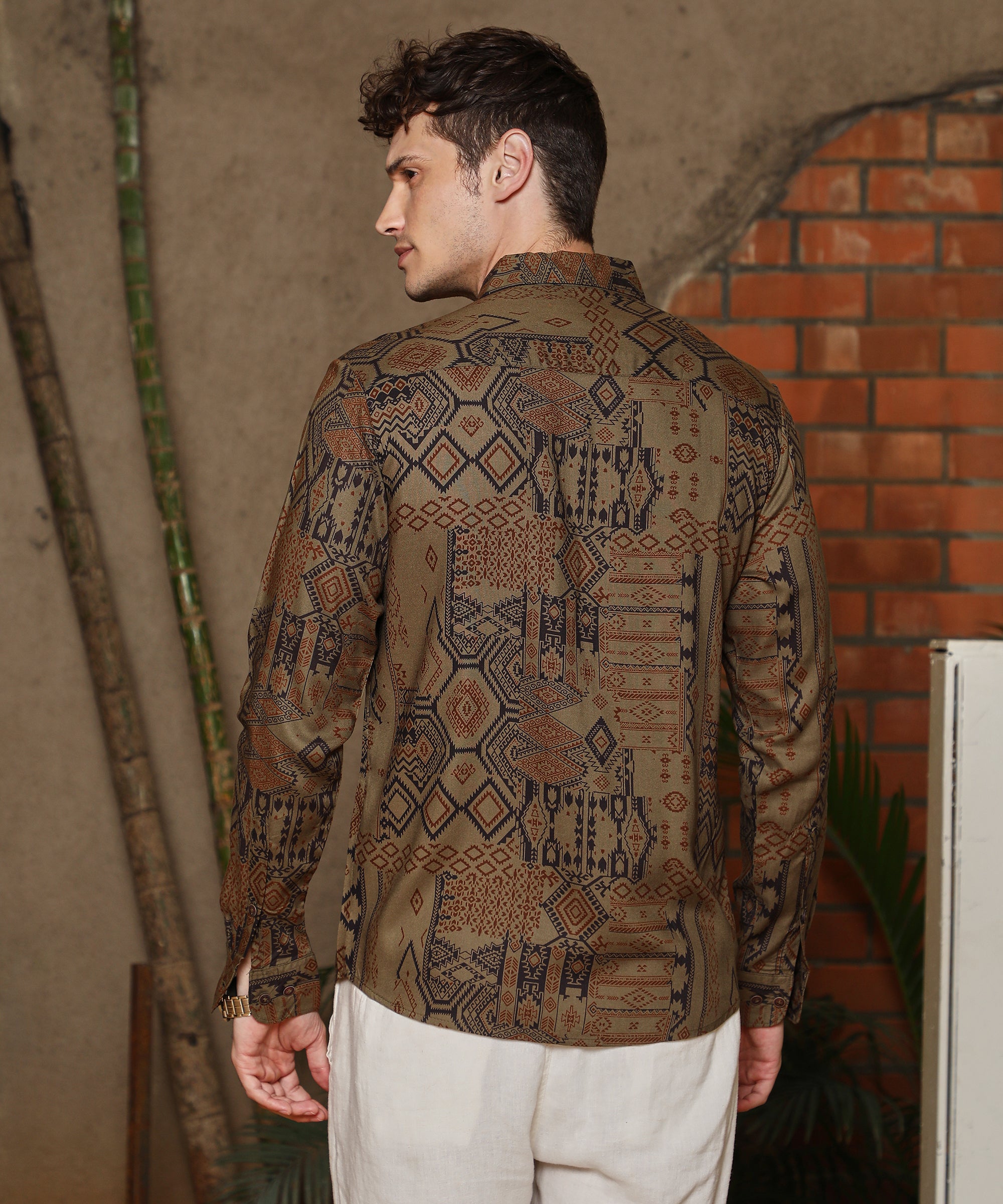 Men's Peanut Brown Casual Aztec-Imprint Full Sleeve Shirt