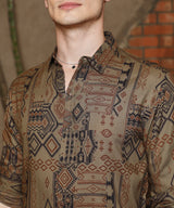 Men's Peanut Brown Casual Aztec-Imprint Full Sleeve Shirt