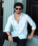 Men's Sky Blue Casual Pincandy-Striped Regular Full Sleeve Shirt