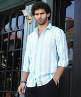 Men's Sky Blue Casual Pincandy-Striped Regular Full Sleeve Shirt
