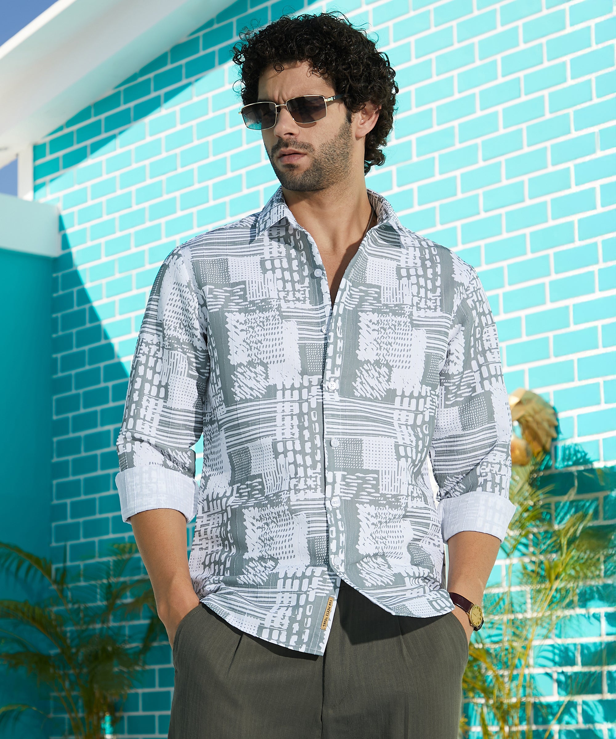 Men's Grey Casual Full Sleeve Printed Shirt