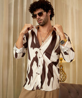 Men's Chocolate Brown & Daisy White Casual Contour-Lines Pleated Full Sleeve Shirt