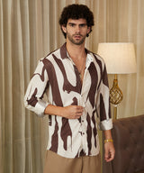 Men's Chocolate Brown & Daisy White Casual Contour-Lines Pleated Full Sleeve Shirt