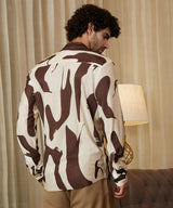 Men's Chocolate Brown & Daisy White Casual Contour-Lines Pleated Full Sleeve Shirt