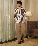 Men's Chocolate Brown & Daisy White Casual Contour-Lines Pleated Full Sleeve Shirt