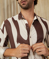 Men's Chocolate Brown & Daisy White Casual Contour-Lines Pleated Full Sleeve Shirt