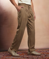 Men's Wood Brown Straight-Fit Pleated Tailored Trouser