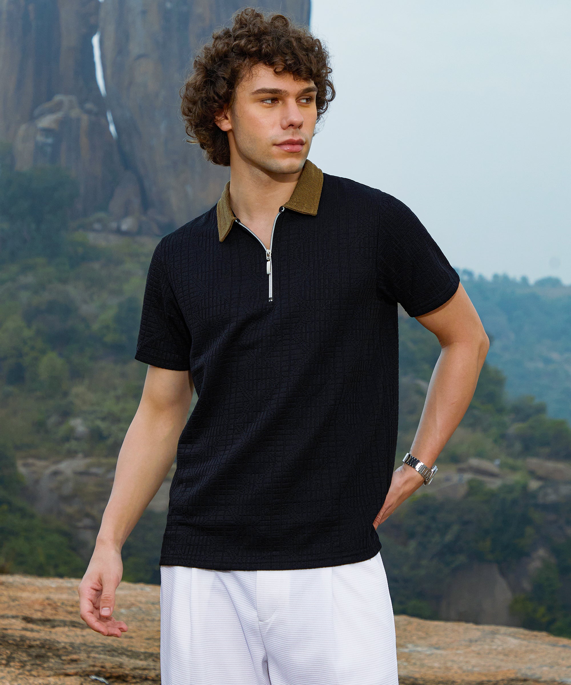 Men's Midnight Black Oblique-Block Polo Tshirt