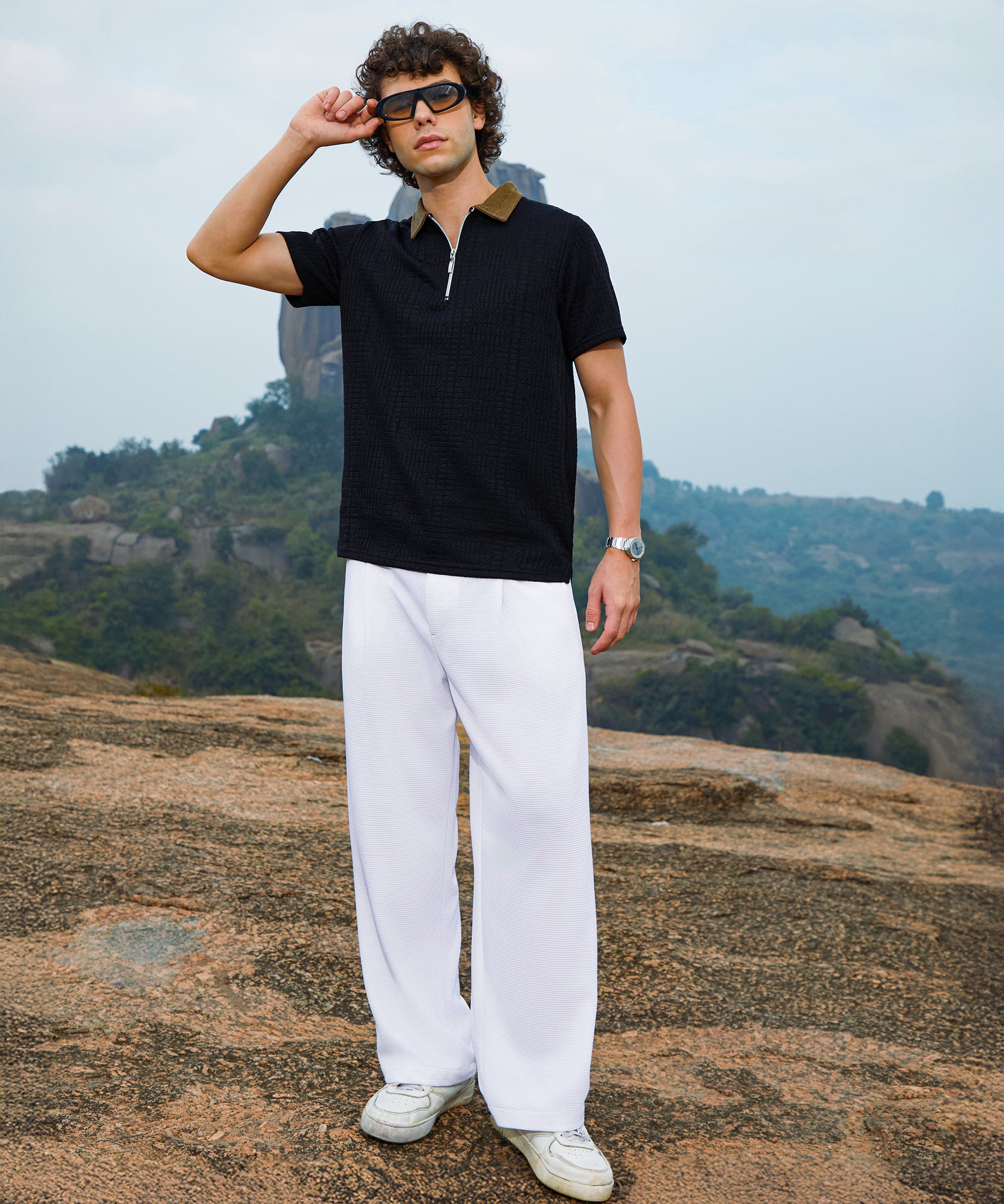 Men's Midnight Black Oblique-Block Polo Tshirt