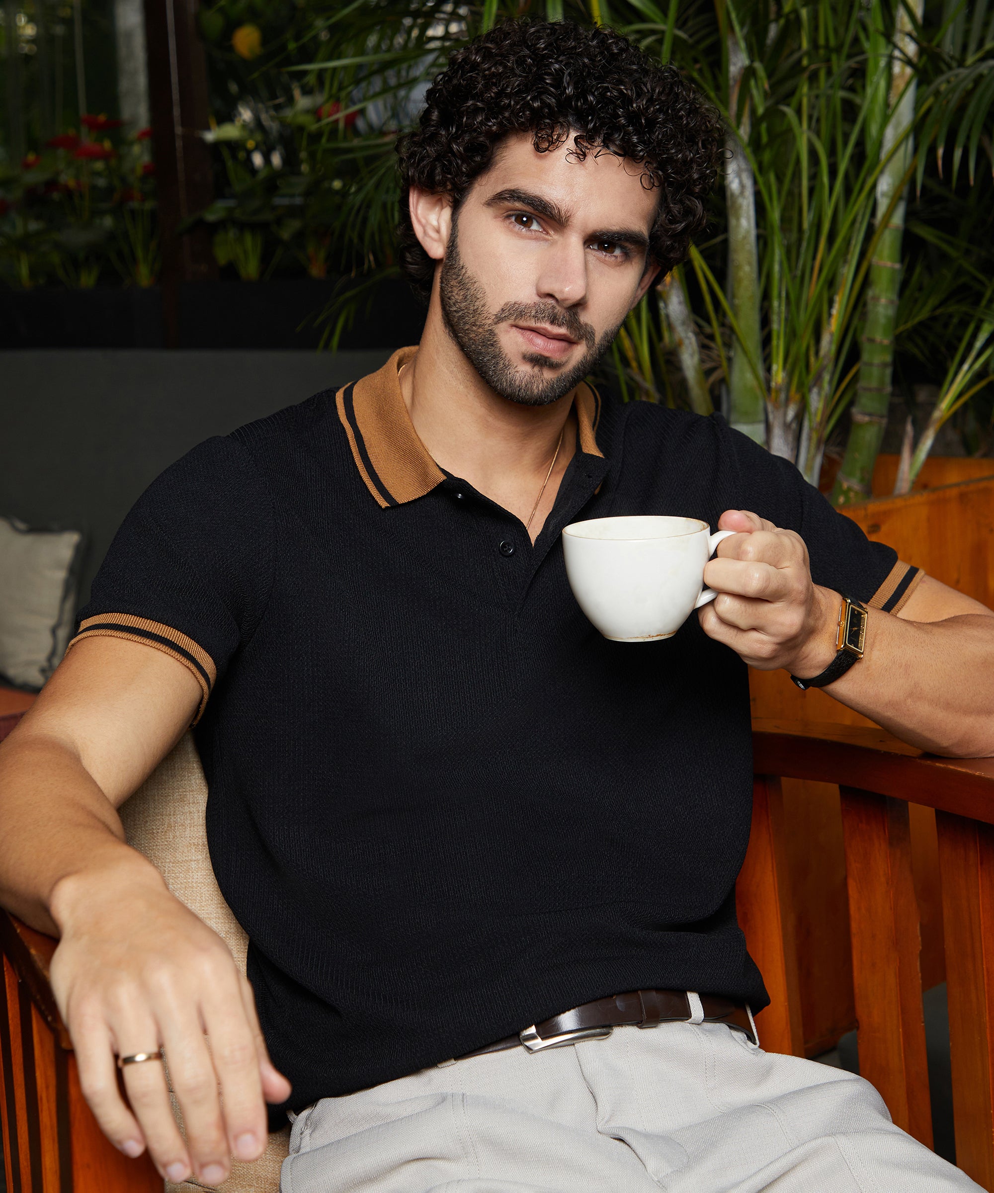 Men's Onyx Black Cuboid-Stripe Polo Tshirt