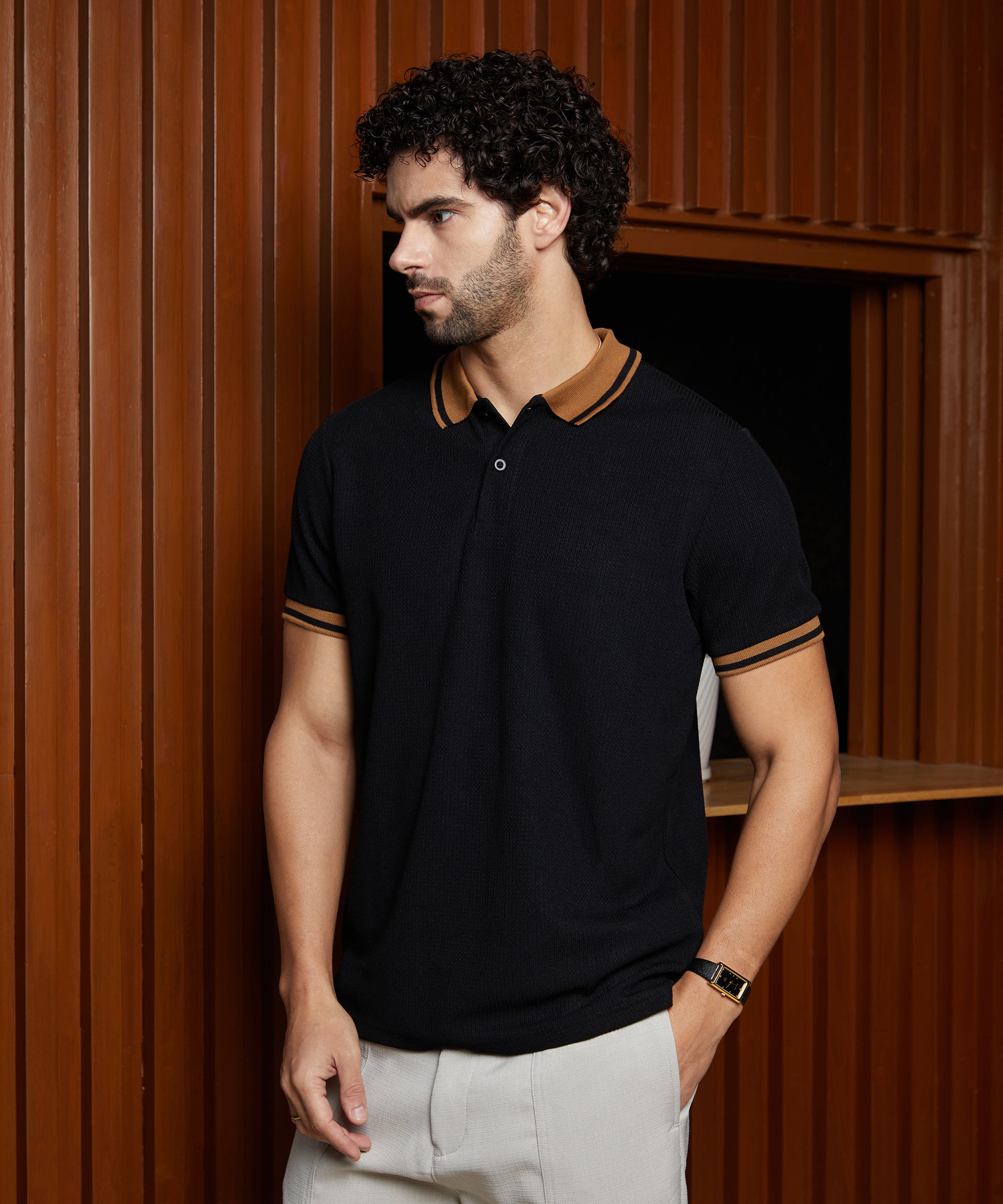 Men's Onyx Black Cuboid-Stripe Polo Tshirt