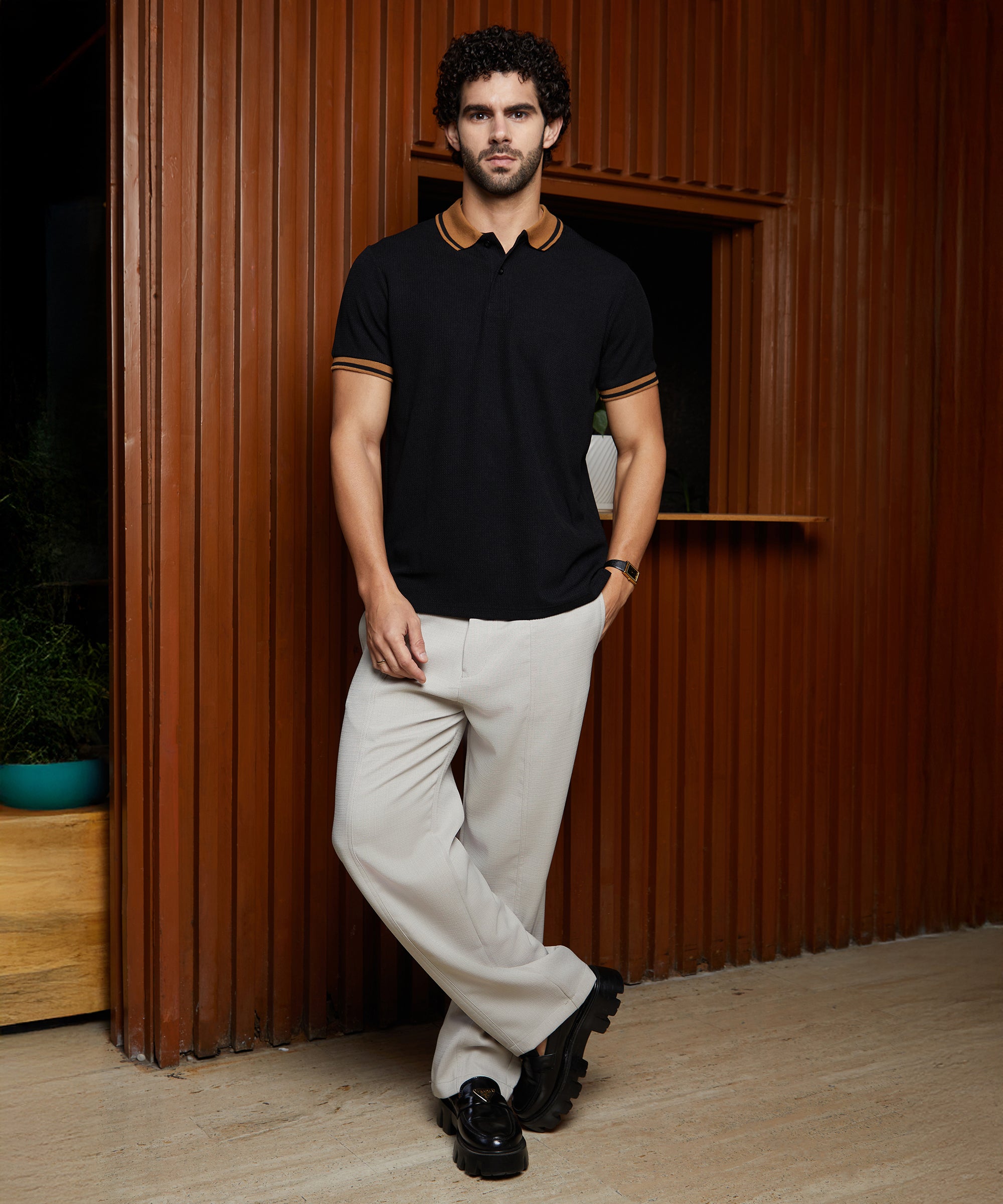 Men's Onyx Black Cuboid-Stripe Polo Tshirt