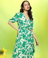 Women's Forest Green Botanical Wrap Dress