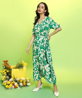 Women's Forest Green Botanical Wrap Dress
