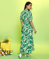 Women's Forest Green Botanical Wrap Dress