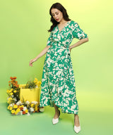 Women's Forest Green Botanical Wrap Dress