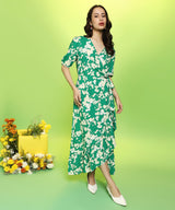 Women's Forest Green Botanical Wrap Dress