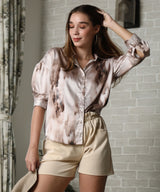 Women's Coffee Brown Stained Satin Casual Oversized Shirt