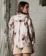 Women's Coffee Brown Stained Satin Casual Oversized Shirt