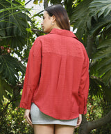 Women's Rose Red Ruche-Textured Casual Shirt